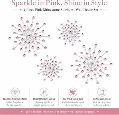 ZEXUIRU 4 Set Silver Starburst Wall Art for Home Decor Metal Bling Crystal Rhinestones Sunburst Wall Decor Sparkling Rhinestone Art Accent Silver - 13 in