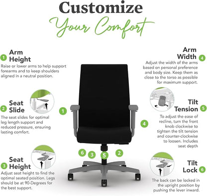 HON Ignition 2.0 Ergonomic Office Chair with Adjustable Arms, Standard Synchro‑Tilt Recline, Upholstered Desk and Computer Chair for Home Office or Workstation, Titanium Frame, Black