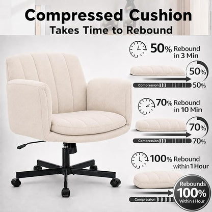 Criss Cross Office Chair with Wheels and Arms, Vanity Chair with Back, Comfy Swivel Cross Legged Office Chairs for Ultimate Comfort and Support, Unique Multifunctional Stylish Arms (Fabric Beige)