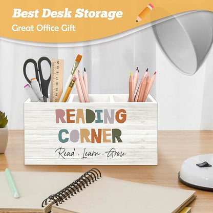 Boho Reading Corner Pen Holder Organizer for Desk Accessories, Boho Classroom Reading Wooden Box Desk Decorations for School Kids Room Bedroom Decor, Book Lovers Reader Bookish Gifts