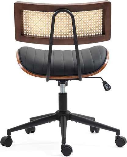Home Office Chair with Wheels, Adjustable Height Desk Chair with Rattan Backrest, Leather Swivel Computer Chair, Armless Modern Walnut Chair for Office, Meeting Room, Black