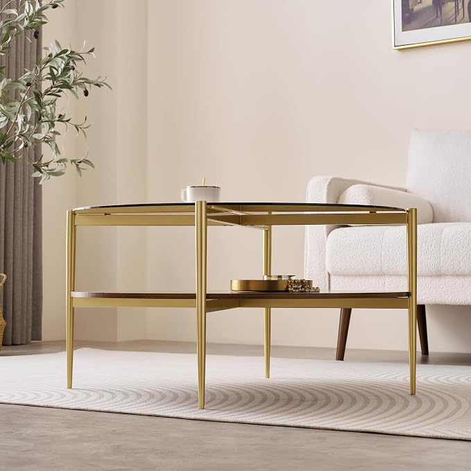 LumFurn Extra Large Round Coffee Table, Mid-Century Modern Design, D34 x H17 in, for Living Room, 2-Tier Structure, Amber Glass Top and Walnut MDF Shelf, Sleek Conical Metal Legs with Gold Finish