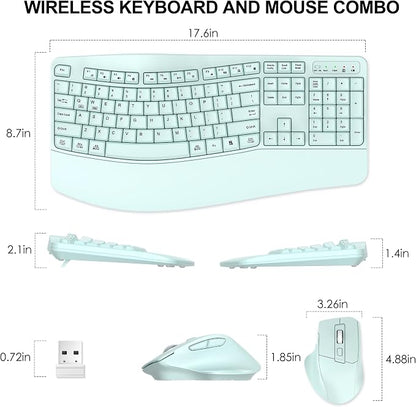 Wireless Keyboard and Mouse Combo, 2.4G Full Size Wave Keys Ergonomic Keyboard with Wrist Rest and 3-Level DPI Adjustable Wireless Ergonomic Mouse for Windows, Mac OS Desktop/Laptop/PC(Mint Green)