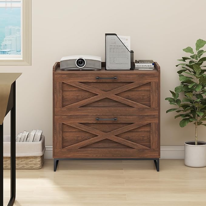 Halitaa File Cabinet 2 Drawers Lateral File Cabinet with Charging Station for Letter/Legal/A4 Size Hanging Files, Large Wood File Storage Cabinets Printer Stand for Home Office, Dark Walnut