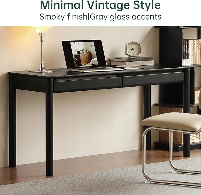Solid Oak Wood Writing Desk, Smoky Black Home Office Desk with 2 Drawers, Ideal for Work Study Bedroom 47.24" W