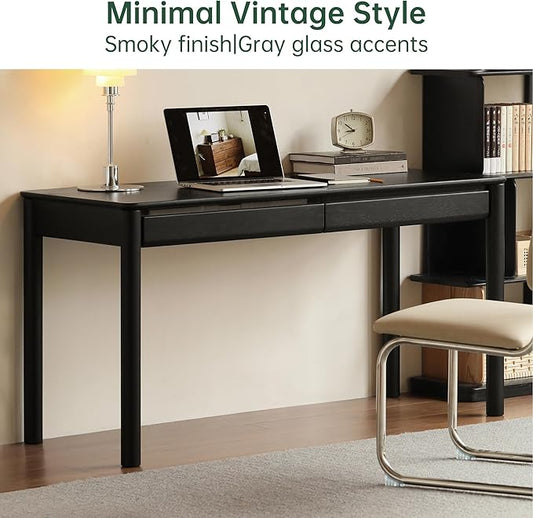 Solid Oak Wood Writing Desk, Smoky Black Home Office Desk with 2 Drawers, Ideal for Work Study Bedroom 47.24" W