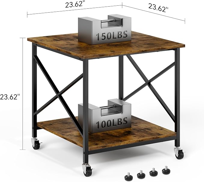 Warmiehomy 24"x24"x24" Large Printer Stand with Storage, 2 Tier Rolling Printer Cart Table, Mini Fridge Stand with Wheels, Use for 3D Laser Printer Home Office, Rustic Brown