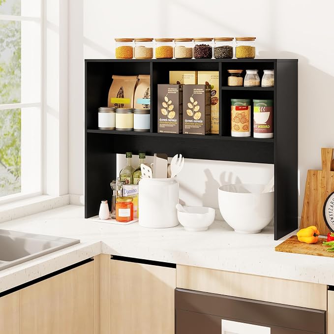 GOFLAME 4 Cubes Desktop Bookshelf, 37” Tabletop Wood Desk Shelf for Computer Monitor, Modern Countertop Desk Display Hutch Storage Organizer Shelf for Home Office, Dorm, Study, Black