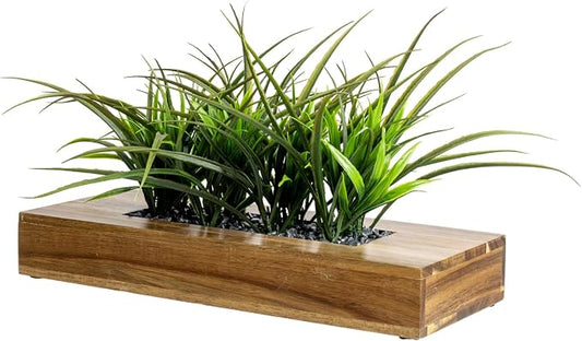 MyGift Large Artificial Green Grass Plants Potted in 14 Inch Premium Acacia Solid Wood Rectangular Planter Box, Decorative Tabletop Faux Greenery Centerpiece Décor