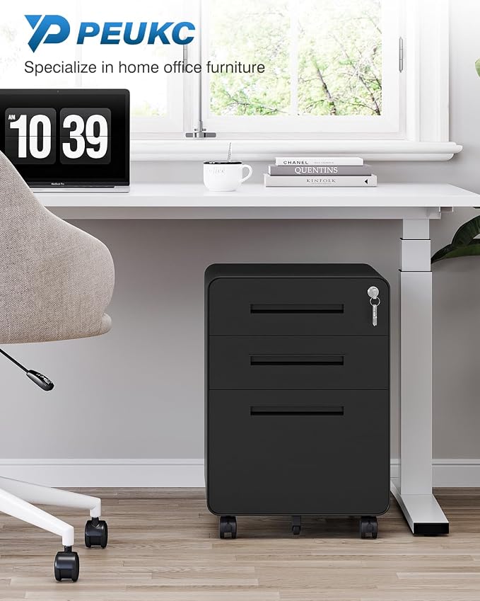 PEUKC 3 Drawer File Cabinet with Lock, Metal Under Desk Rolling Filing Cabinet fits Letter/Legal/A4 Size for Home Office,(Fully Assembled, Black)
