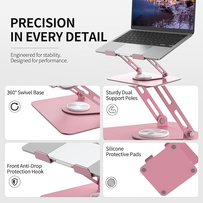 ALASHI Laptop Stand for Desk with 360° Rotating Base, Multi-Angle Adjustable Laptop Stands, Foldable Laptop Riser Compatible with 10 to 17 Inches PC Computer, Pink