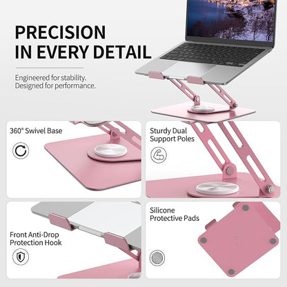 ALASHI Laptop Stand for Desk with 360° Rotating Base, Multi-Angle Adjustable Laptop Stands, Foldable Laptop Riser Compatible with 10 to 17 Inches PC Computer, Pink