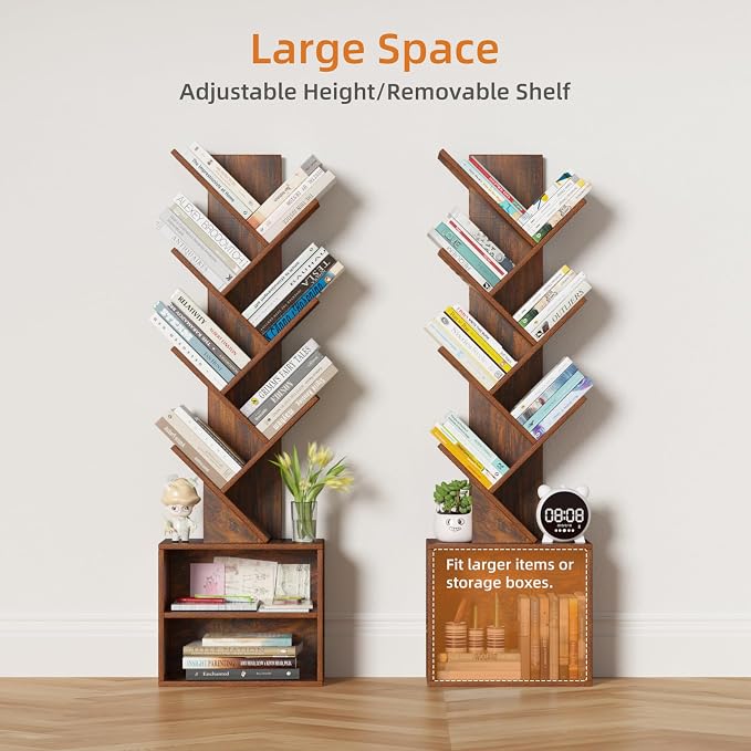 SHEEPAM 10 Tier Tree Bookshelf,Floor Standing Wood Tall Bookcase for Narrow Space, Storage Organizer Bookshelves for Books, Book Case for CDs/Movies/Books,Home Office,Living Room, Bedroom