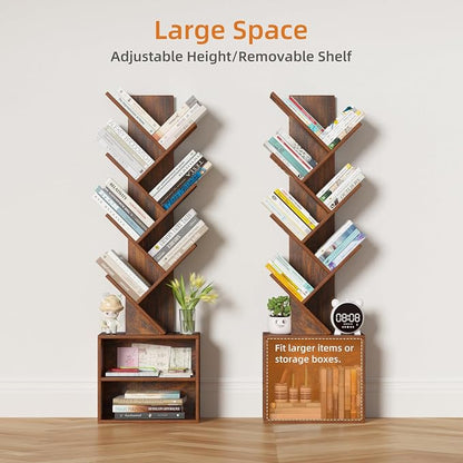 SHEEPAM 10 Tier Tree Bookshelf,Floor Standing Wood Tall Bookcase for Narrow Space, Storage Organizer Bookshelves for Books, Book Case for CDs/Movies/Books,Home Office,Living Room, Bedroom