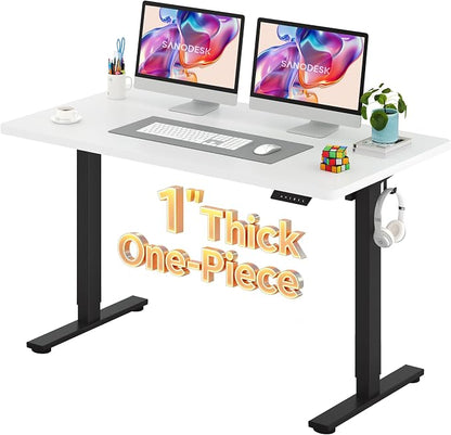 SANODESK Electric Standing Desk 55 x 28 Inches Whole-Piece Desktop Height Adjustable Stand Up Desk w/6-Button Controller Ergonomic Computer Desk for Home Office, Black Frame + White Tabletop