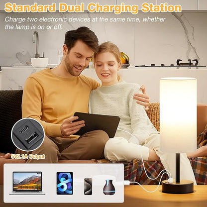 Dicoool White Touch Table Lamp with USB - 3 Way Dimmable Bedside Lamp for Nightstand, Bedroom Lamp with Black Charging Station for Desk, Office, Kids Room, Dorm, Small
