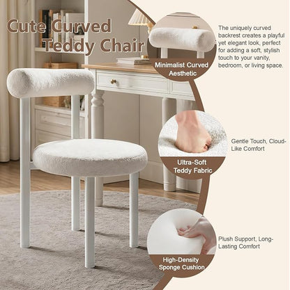 Cute Small Armless Desk Chair, Ergonomic Comfy Vanity Chairs Lumbar Support with Back for Makeup, Teddy Fabric Computer Desk Chair for Home, Bedroom, Vanity, Teens, Adults