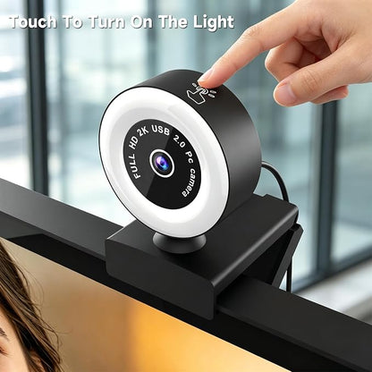 USB HD 2K Video Webcam，with Ring Ligh and Microphoneand Rotatable Tripod& Privacy Cover for PC，, Fast AutoFocus，with Auto White Balance for Video Calls, Live Streaming Gaming & Online Meetings
