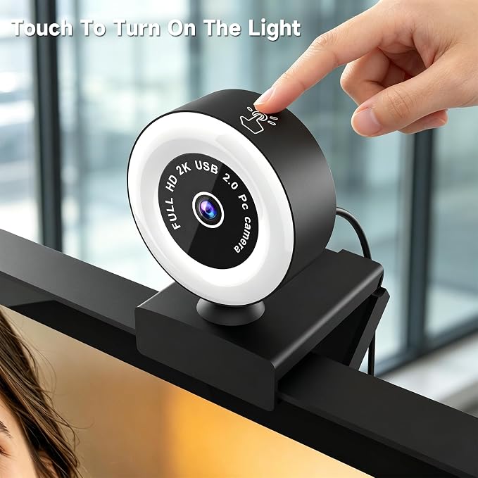 USB HD 4K Video Webcam，with Ring Ligh and Microphoneand Rotatable Tripod& Privacy Cover for PC，, Fast AutoFocus，with Auto White Balance for Video Calls, Live Streaming Gaming & Online Meetings
