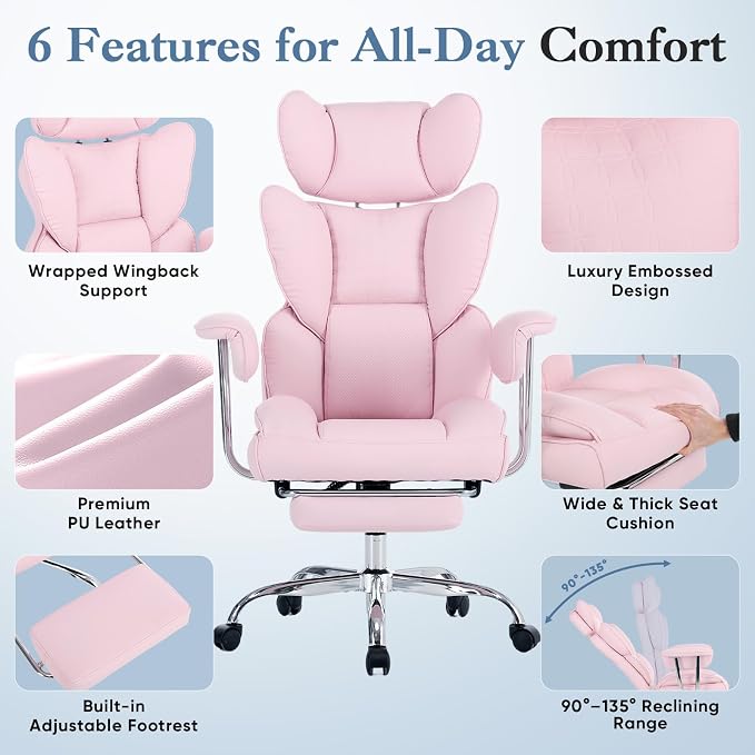 DUMOS Big and Tall Office Chair 400 LBS, Scratch-Resistant PU Leather Executive Office Desk Chair with Footrest, Ergonomic Reclining Computer Chairs with Pocket Spring Support, Pink