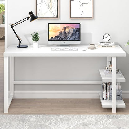 EXCEFUR White Computer Desk, Modern Home Office Desk with Storage Shelf, Wood and Metal Writing Study Table for Living Room Bedroom, 53 Inch