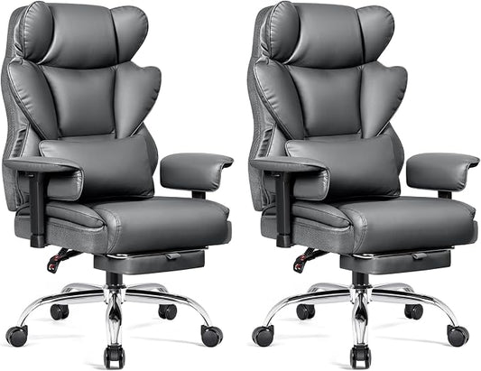 BESTFAIR Big and Tall Office Chair - High Back Executive Chair with Footrest & Lumbar Support for Heavy People, Adjustable Arms, Padded Wide Seat Computer Gaming Chair, Heavy Duty, Gray 2 Pack