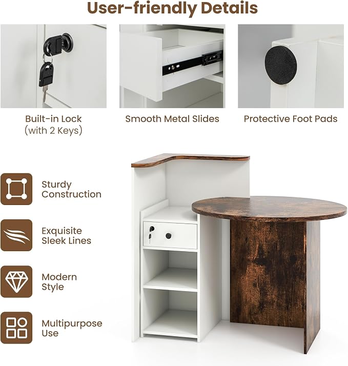 Giantex Reception Desk, Front Counter Desk with Lockable Drawer, Checkout Table with Round Tabletop, Corner Shelf & Adjustable Shelf for Office Beauty Salon Retail Store (White & Brown)