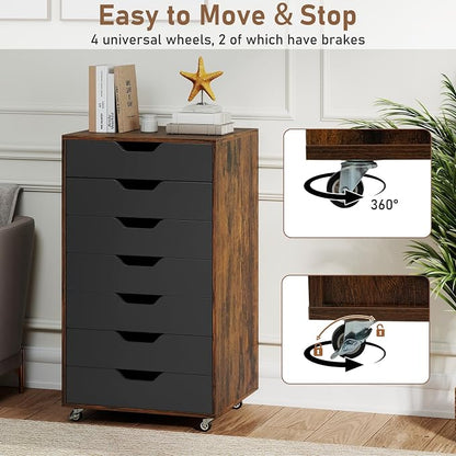 7 Drawer File Cabinet, 34.5" Vertical Storage Drawer Cart, Under Desk Office Organizer, Wooden Printer Stand, Rolling Filing Cabinet for Home Office (Rustic Brown)