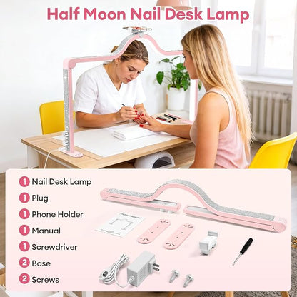 Arch Half Moon Light: Professional 34 inch 420 LED Beads - Nail Lamp for Desk Adjustable Brightness 3 Color Temperature - Foldable Nail Tech Light for Manicure Crafting (Pink)