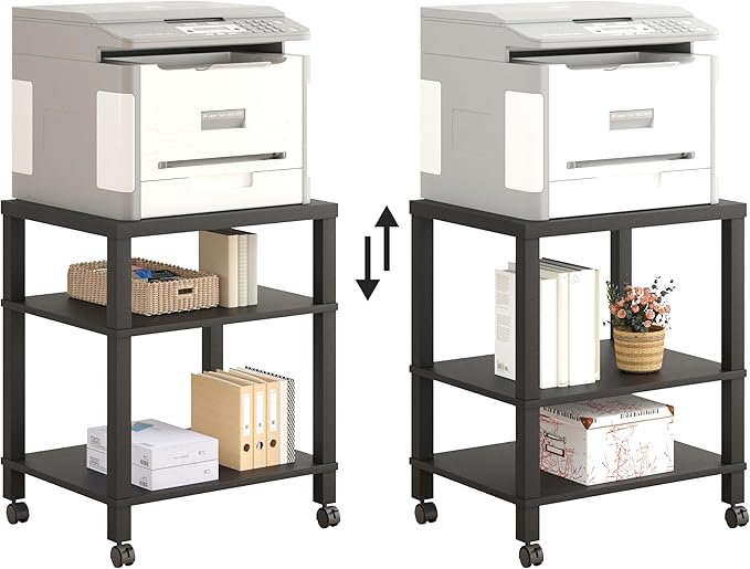 3-Tier Printer Stand with Wheels, Large Under Desk Rolling Cart for Office Storage, Heavy Duty Machine Stand with Adjustable Shelf, 22.04"x17.71"x26.54", Black
