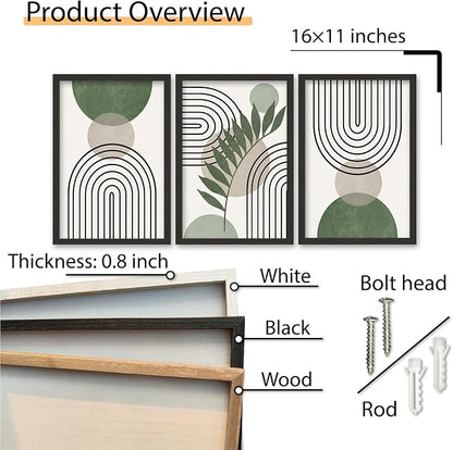 SRSZHIYUE Green Sage Boho Wall Art 16"×11" Set of 3 Abstract Framed Prints Modern Farmhouse Minimalist Geometric Line Leaf Bathroom Sign for Family Living Room Pictures Office Wall Hang Decor (Black)