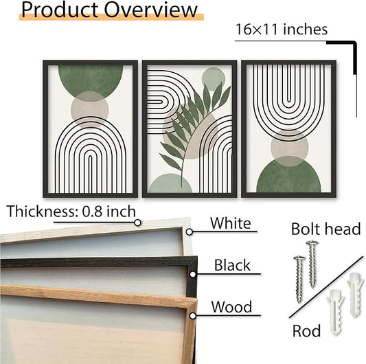 SRSZHIYUE Green Sage Boho Wall Art 16"×11" Set of 3 Abstract Framed Prints Modern Farmhouse Minimalist Geometric Line Leaf Bathroom Sign for Family Living Room Pictures Office Wall Hang Decor (Black)