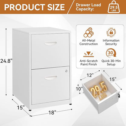 Polup 2 Drawer File Cabinet with Lock, White Filing Cabinets for Home Office, Metal Locking File Cabinet with Two Drawers, Light Duty File Storage Cabinet for Letter Size - Assembly Required
