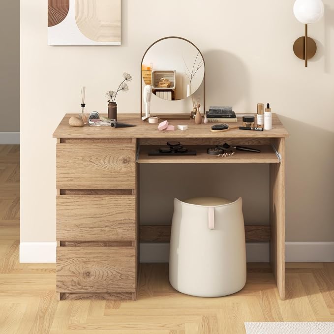 Giantex Computer Desk with Drawers, Modern Home Office Desk with Charging Station & Keyboard Tray, Laptop PC Computer Workstation, Study Writing Desk for Bedroom (Natural)