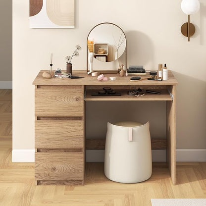 Giantex Computer Desk with Drawers, Modern Home Office Desk with Charging Station & Keyboard Tray, Laptop PC Computer Workstation, Study Writing Desk for Bedroom (Natural)