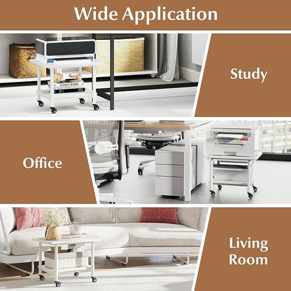 GOFLAME Under Desk Printer Stand, 2-Tier Mobile Printer Table with Storage Shelf, Metal Frame, Rolling Printer Cart Holder Storage Rack with Lockable Wheels for Home Office, White