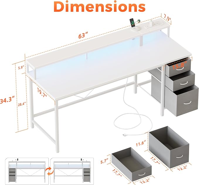 Mericonia 63 inch Computer Desk with Storage Drawers & Monitor Stand, Reversible Gaming Desk with LED Lights & Power Outlets, Large Gaming Table for Home Office