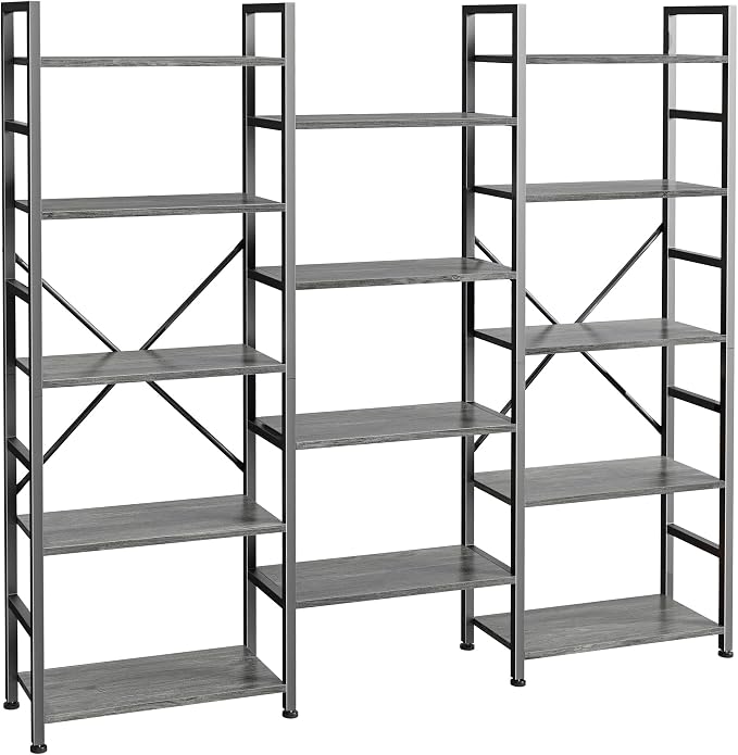 SUPERJARE Triple Bookshelf, Bookcase with 14 Open Display Shelves, Wide Book Shelf Book Case for Home & Office, 5 Tier, Grey