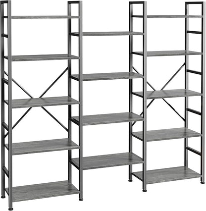 SUPERJARE Triple Bookshelf, Bookcase with 14 Open Display Shelves, Wide Book Shelf Book Case for Home & Office, 5 Tier, Grey