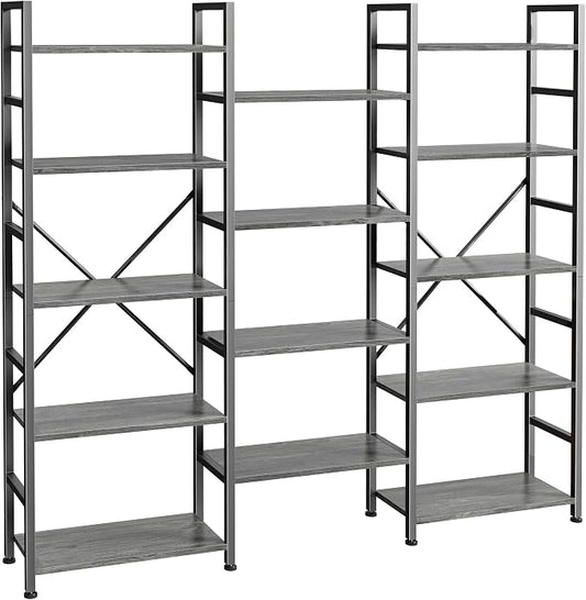SUPERJARE Triple Bookshelf, Bookcase with 14 Open Display Shelves, Wide Book Shelf Book Case for Home & Office, 5 Tier, Grey