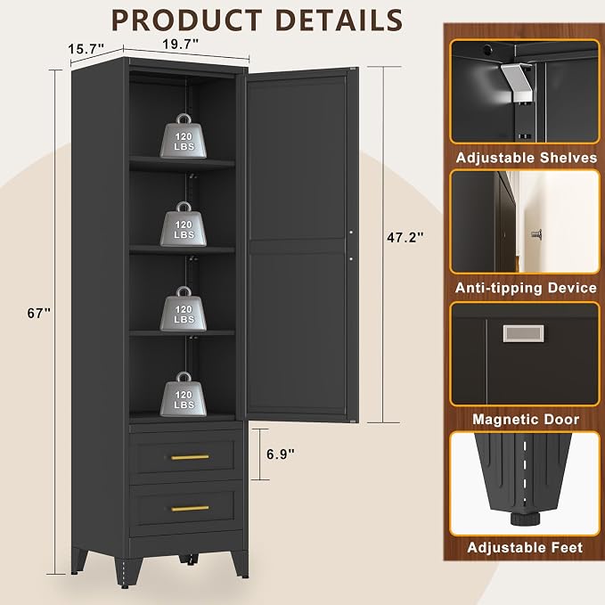 67" Tall Narrow Metal Storage Cabinet, Freestanding Pantry Organizer, Black | Slim Bathroom Cabinets with 2 Drawers & 3 Adjustable Shelves, Multi-Use Cupboard for Kitchen Office Living＆ Dining Room
