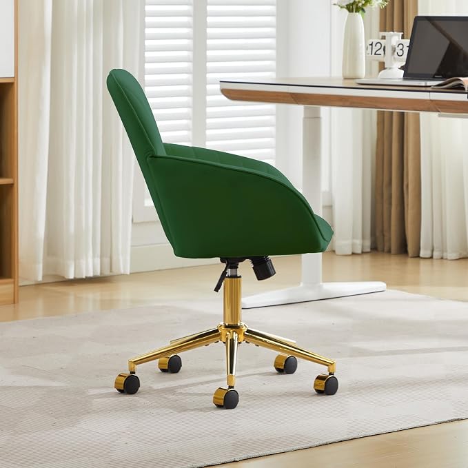 YITAI Velvet Office Desk Chair with Wheels and Gold Base,Modern Height Adjustable 360 Degree Swivel Upholstered Vanity Chairs with Arms for Living Room Bedroom, Study,Green