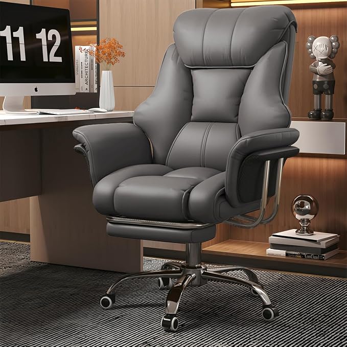 Big and Tall Office Chair 550 lbs Extra Wide Leather Executive Chair with Retractable Footrest, Heavy-Duty Ergonomic Chair, Adjustable Height Computer Gaming Chairs