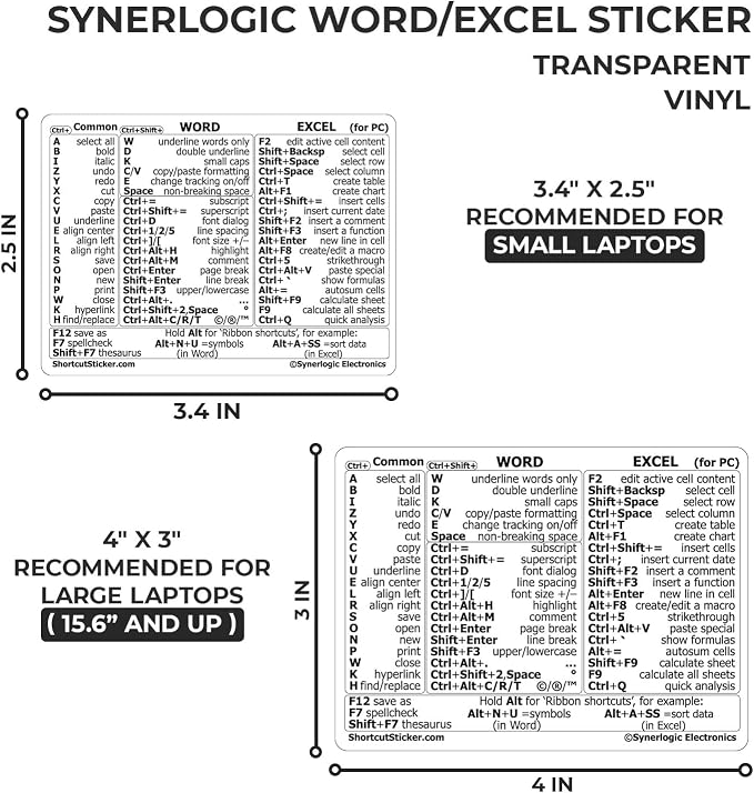 Synerlogic Word/Excel Windows Shortcut Sticker | Reference Guide Keyboard Shortcuts | Work from Home Essentials | Excel Shortcuts Cheat Sheet Laminated Vinyl (Clear/Small)