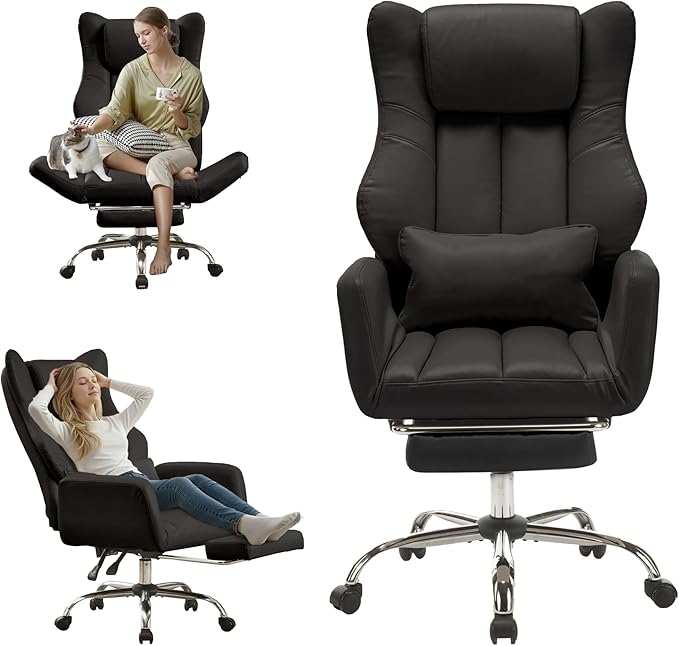 Ergonomic Cross Legged Office Chair with Footrest,Leather Big and Tall Executive Chair with Lumbar Pillow,Reversible Armrest for Pets,155° Reclining Computer Wide Desk Chair for Home,Office, Black