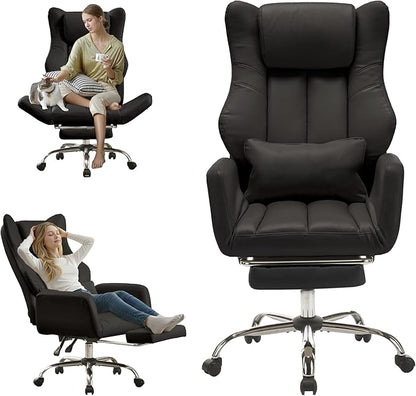 Ergonomic Cross Legged Office Chair with Footrest,Leather Big and Tall Executive Chair with Lumbar Pillow,Reversible Armrest for Pets,155° Reclining Computer Wide Desk Chair for Home,Office, Black