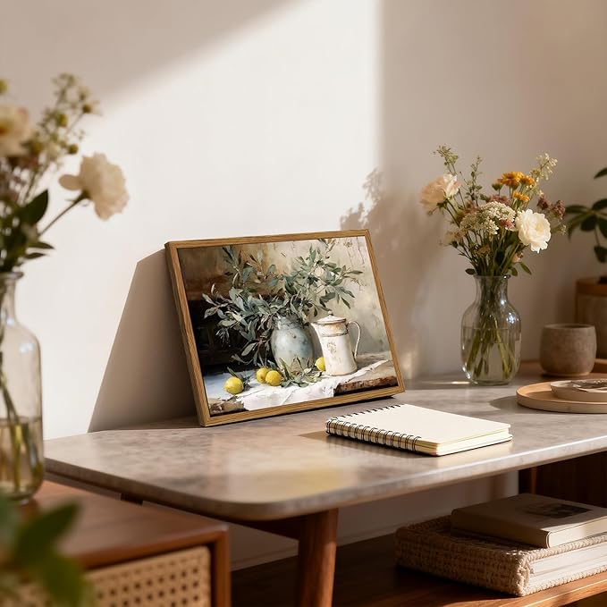 Framed Vintage Kitchen Wall Art, Rustic Yellow Lemon Still Life Pictures Wall Decor, Country Botanical Paintings Canvas Prints Farmhouse Home Decor for Dining Room Living Room 16x24 inch