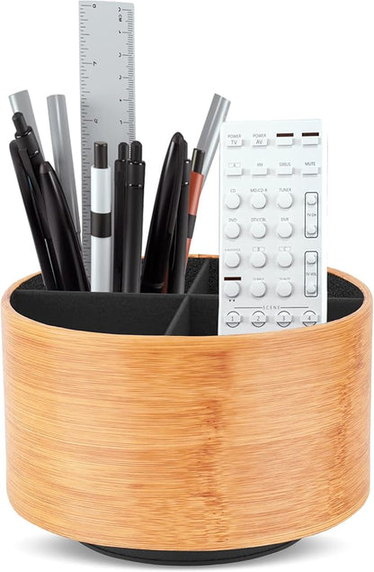 Round Leather Art Supply Organizer,Remote Control Holder,360 Degree Spinning,Multi-Functional Pencil Holder,4 Compartments Desktop Stationary Organizer(1-Beige2)