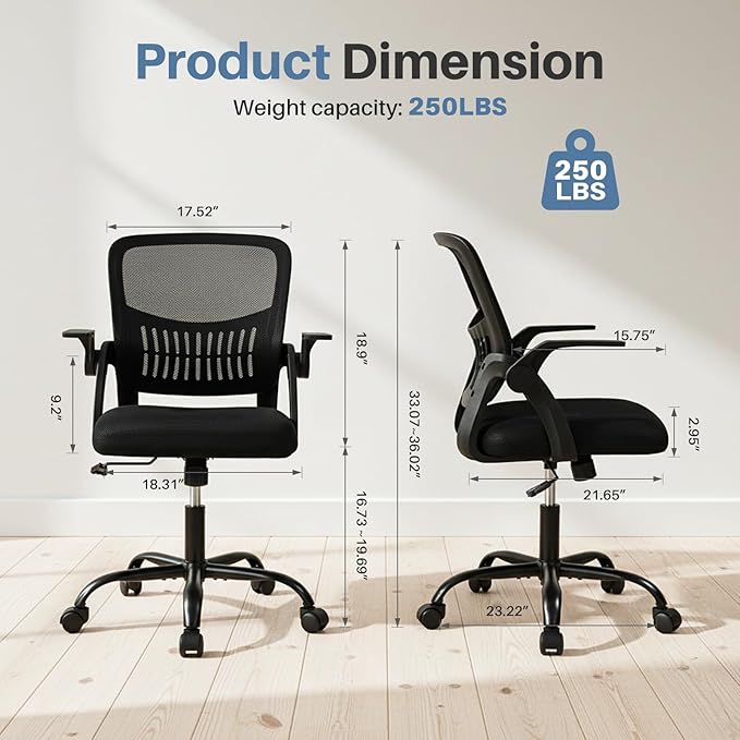 DUMOS Home Office Computer Chair - Ergonomic Mid Back Desk with Lumbar Support and Rocking Mode, Height Adjustable with Flip-up Armrest, for Conference Meeting Room, 360° Swivel, Adults, Black