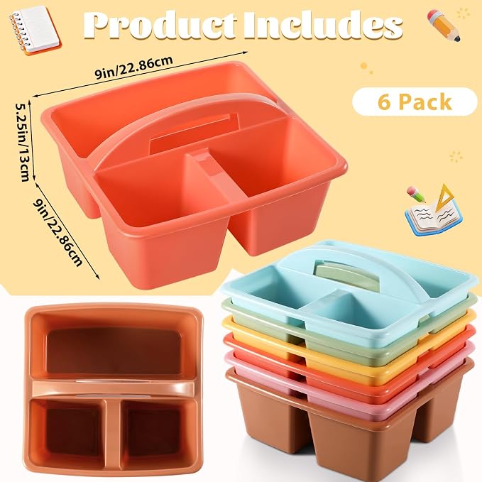 6 Pack 3 Compartment Small Caddy Plastic Classroom Organizer with Handle Portable Teacher Supply Storage Caddy Craft Art Caddies for Pencil, Crayon, Marker, Home, Office, School Supplies(Boho)